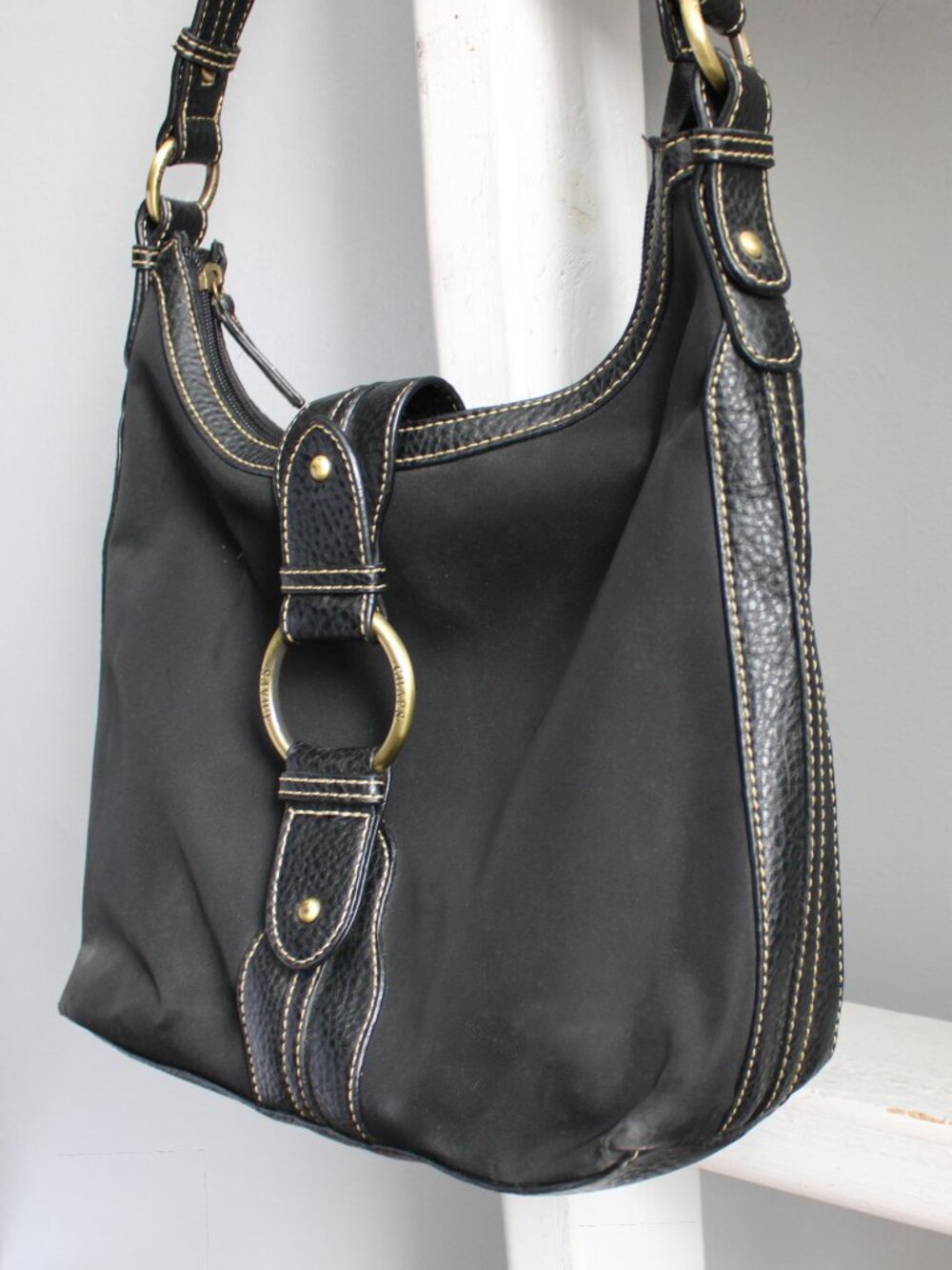 Chaps by Ralph Lauren VTG Y2K Leather Hobo Shoulder Bag Black Zipper Flap Snap - Picture 6 of 8